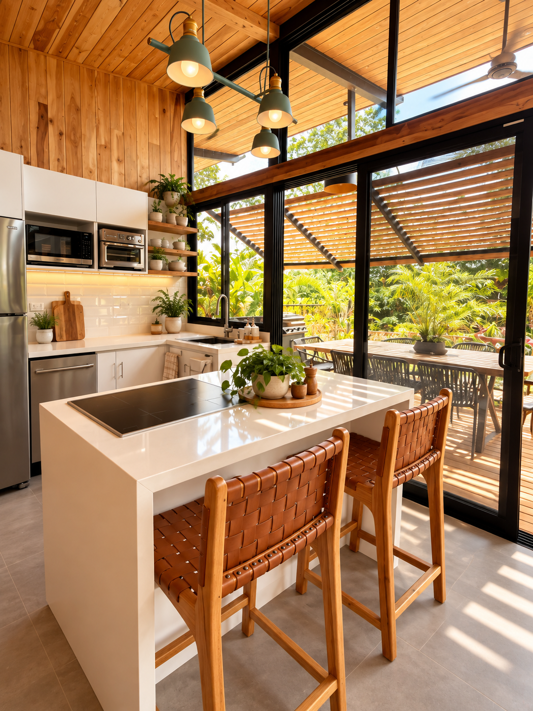 Cozy indoor kitchen island with leather bar stools, glass doors open to the barbecue deck